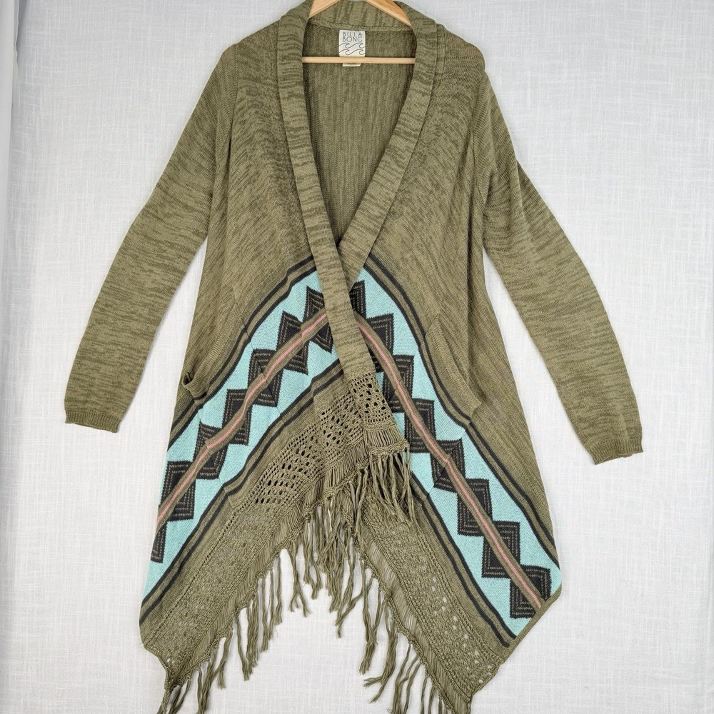 Billabong Dream Chaser Cardigan Sweater Open Aztec Fringe Hem Size Medium